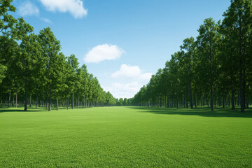 Fototapeta premium A large field of green grass with trees in the background