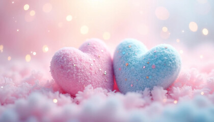 Fototapeta premium Pastel Pink and Blue Fuzzy Hearts A Romantic Valentines Day Image