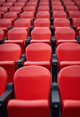 Obraz premium Red tribunes. seats of tribune on sport stadium. empty outdoor arena. concept of fans. chairs for audience. cultural environment concept. color and symmetry. empty seats. modern stadium