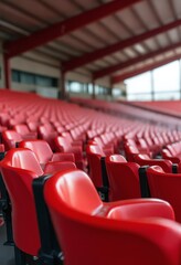Fototapeta premium Red tribunes. seats of tribune on sport stadium. empty outdoor arena. concept of fans. chairs for audience. cultural environment concept. color and symmetry. empty seats. modern stadium