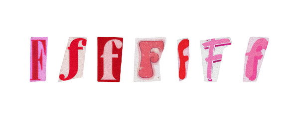Letter F, barbiecore set of cut-out elements from magazines on a transparent background, cute retro y2k ransom style