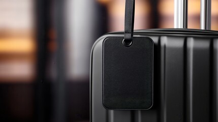 A close-up of a black suitcase with a blank luggage tag, ready for travel.