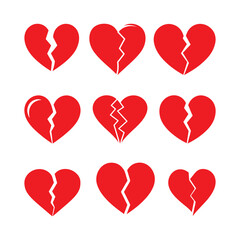 Red broken hearts, simple vector icons, symbolic heartbreak, repetitive pattern, white background