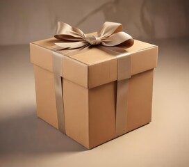Cardboard box with beige ribbon tied in a bow shape on top, brown paper, wrapped goods, gift wrap