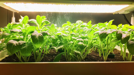 Seedlings growing under led grow light in modern indoor gardening setup