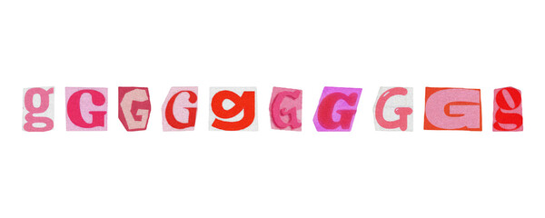 Letter G, barbiecore set of cut-out elements from magazines on a transparent background, cute retro y2k ransom style