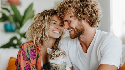 Obraz na płótnie Canvas Happy Couple Hugging with Adorable, Cute Kitten at Home, Celebrating Love, Pet Adoption, and Animal Care, Animal Lovers, Pet Parents.