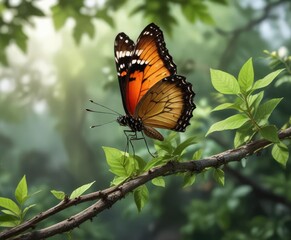 Obraz premium Butterfly perched on a branch with a blurred background of leaves and stems, delicate features, outdoor, branch