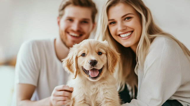 Happy Couple Hugging with Adorable Golden Retriver Puppy at Home, Celebrating Love, Pet Adoption, and Animal Care, Animal Lovers, Pet Parents.