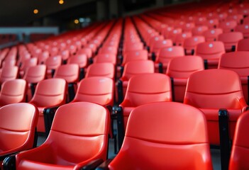 Obraz premium Red tribunes. seats of tribune on sport stadium. empty outdoor arena. concept of fans. chairs for audience. cultural environment concept. color and symmetry. empty seats. modern stadium