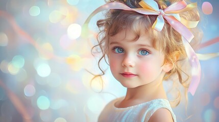 Fototapeta premium Innocence Captured - Joyful Child with Ribbon in Hair in Fine Artistic Rendering Against Celebratory Pastel Backdrop