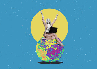 A happy businesswoman with laptops sits on the big disco ball. Organize a company party. Flat...