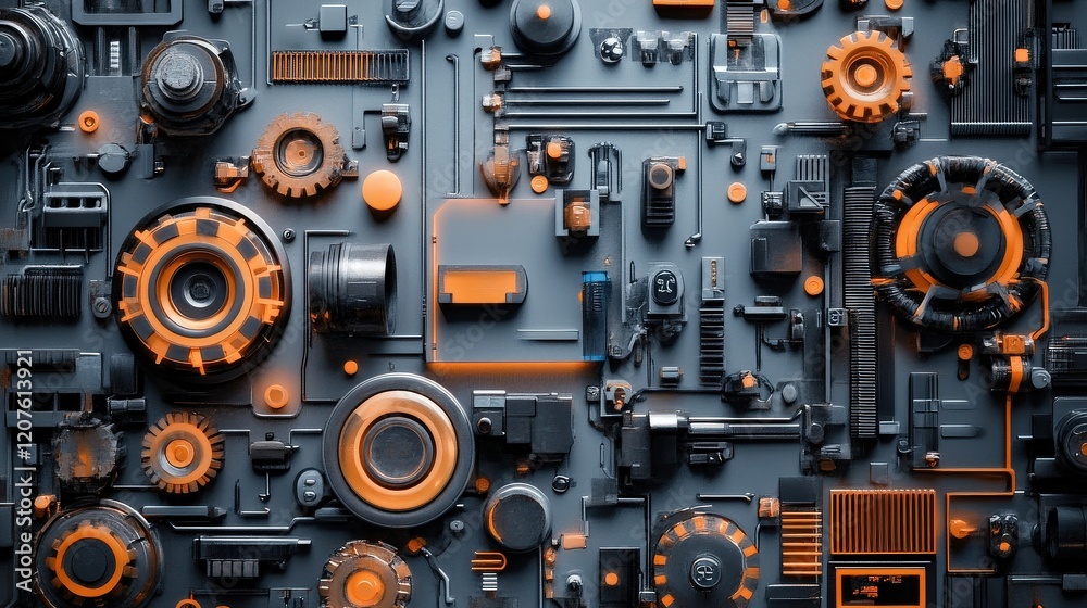 Poster abstract industrial background with interlocking gears, mechanical components, and vivid color contr