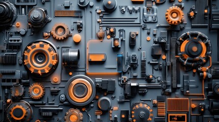 Abstract industrial background with interlocking gears, mechanical components, and vivid color contrast showcasing creativity in engineering and design aesthetics
