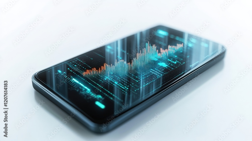 Poster modern smartphone displaying glowing financial charts and data, symbolizing investment growth and di