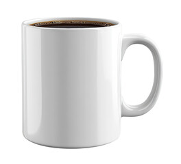 A white coffee mug with a dark brown liquid inside. The mug is sitting on a white background