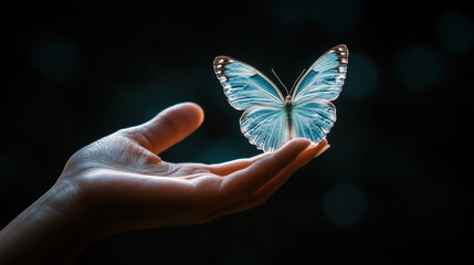 A hand holding a butterfly. The butterfly is blue and has a black body. Concept of wonder and appreciation for the beauty of nature