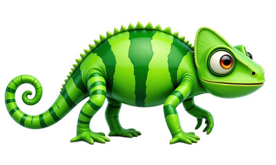 Fototapeta premium Green cartoon chameleon with stripes on a transparent background