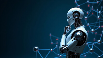 Obraz premium Futuristic AI Robot Thinking Concept, Digital Illustration of Artificial Intelligence and Technology with Network Connections