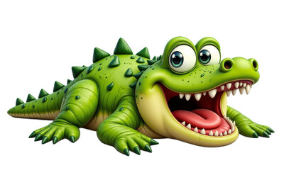 Fototapeta premium Green cartoon crocodile with big eyes and open mouth transparent background