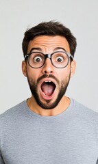Surprised young man with beard and glasses expressing shock and disbelief with wide-open mouth and big eyes
