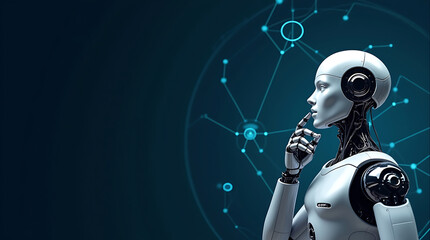 Futuristic AI Robot Thinking Concept, Digital Illustration of Artificial Intelligence and Technology with Network Connections