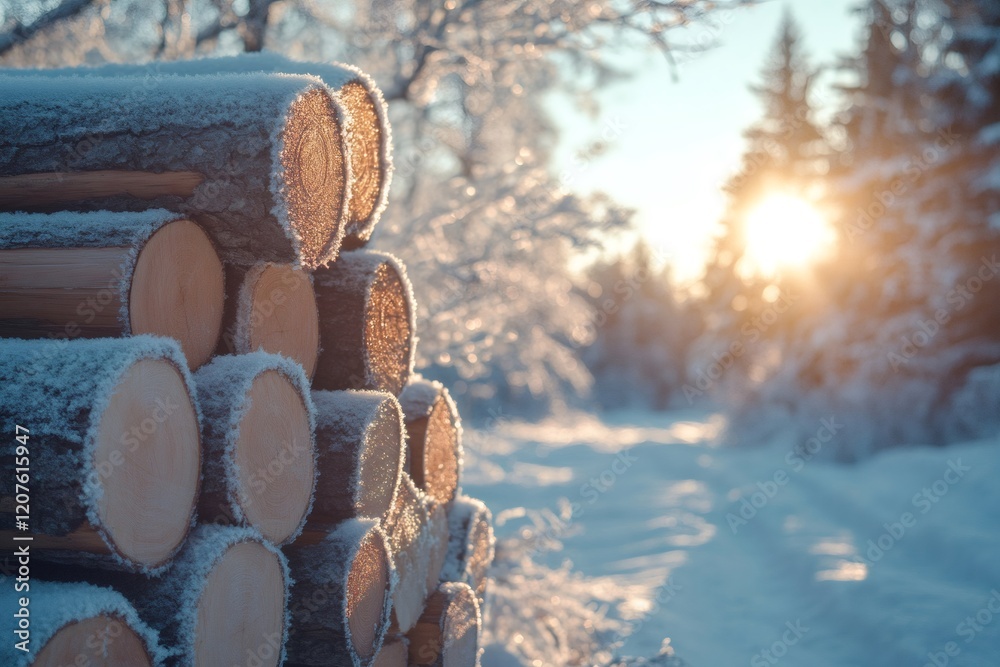 Aufkleber logs covered with frost during golden hour in a winter forest