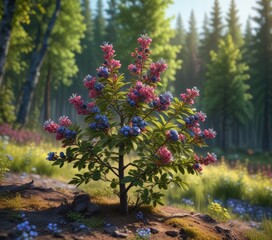 Obraz premium Blueberry bush in full bloom against the vibrant colors of a spring forest landscape, plant life, blossoming