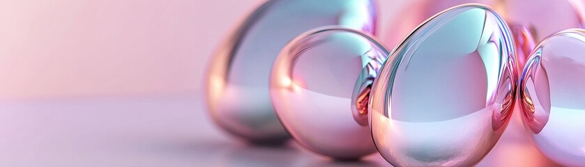 This modern Easter card features metallic pastel geometric shapes that resemble eggs, showcasing a futuristic design with glowing edges against a clean background, ideal for text overlay