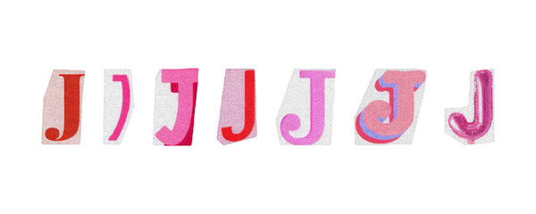 Letter J, barbiecore set of cut-out elements from magazines on a transparent background, cute retro y2k ransom style