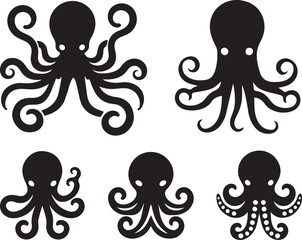 Silhouette vector illustration of a flat octopus art in black color with a white background