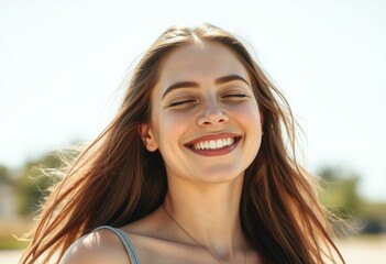 Portrait of a smiling female in summer outfit, relaxed and carefree