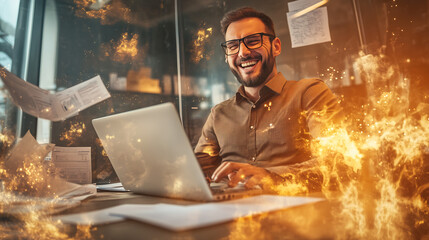 A young male entrepreneur is sitting at his desk in the office, smiling and working on a laptop computer with papers around him while holding a blank paper document