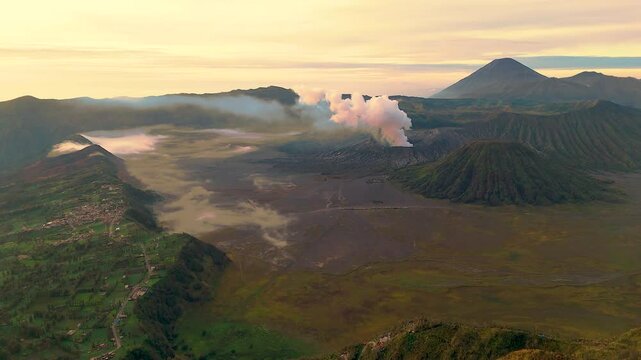 active, adventure, aerial landscape, aerial view, asia, bromo, bromo volcano, cloud, cloudy, destination, drone, east java, eruption, fog, hiking, indonesia, island, java, landmark, landscape, light, 