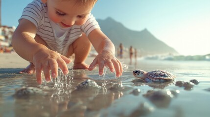Witness the magic of sunset as travelers gently release baby sea turtles into the ocean, a heartwarming scene promoting wildlife conservation and responsible eco-tourism Support sustainable travel