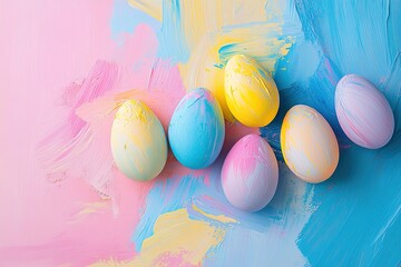 Modern Easter card showcases vibrant pastel brushstrokes blending pink, blue, and yellow hues, providing a unique artistic backdrop for text. Perfect for festive greetings