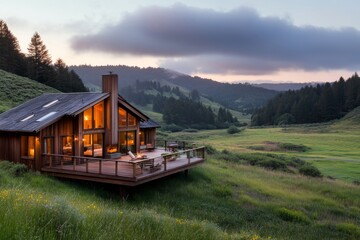 A quiet Zen retreat in the mountains, with a small wooden cabin and a deck overlooking a valley