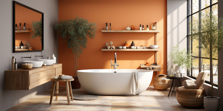 A modern bathroom in warm terracotta tones, featuring a freestanding white bathtub, wooden shelving with minimalistic decor, and large floor-to-ceiling windows.