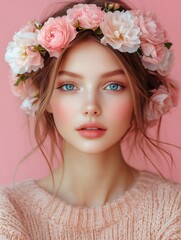 Naklejka premium Beautiful teenager girl wearing pink flower crown posing on pink background