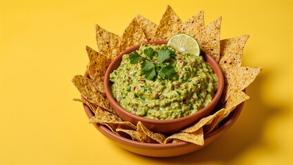 Fresh guacamole with tortilla chips cilantro and lime on a yellow background