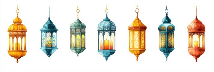 Obraz premium Elegant Arabian Lanterns Festive Lights Ramadan Decor Watercolor Illustration