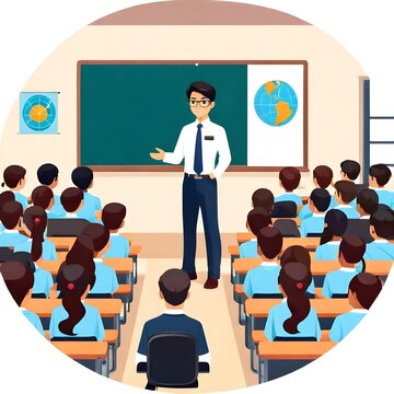 Clipart illustration drawing of teacher lecturing students in classroom with blackboard