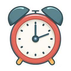 The image depicts a cartoon-style alarm clock with a red body, a white face, black hour and minute hands, and a blue bell on top