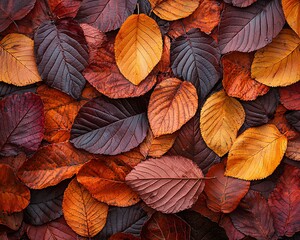 Fototapeta premium Autumn leaves background, various shades of red, orange, brown.