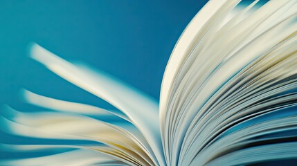 Close-up of open book pages against a blue background.