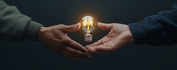 Hands exchanging a glowing light bulb symbolizing ideas and collaboration.