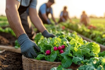 Fototapeta premium Several workers pick fresh radishes and greens as the sun sets, encapsulating the essence of teamwork and the beauty of harvesting in a lush green field.