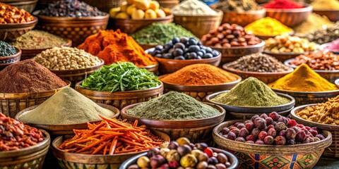 Fototapeta premium Aromatic herbs and spices in a traditional Asian market stall, retail, spices, store, spices, food