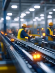 A bustling factory scene with workers and illuminated conveyor belts in an industrial setting.