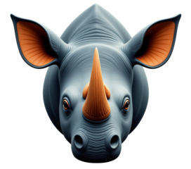 Grey rhino head with orange ears and horn on transparent background